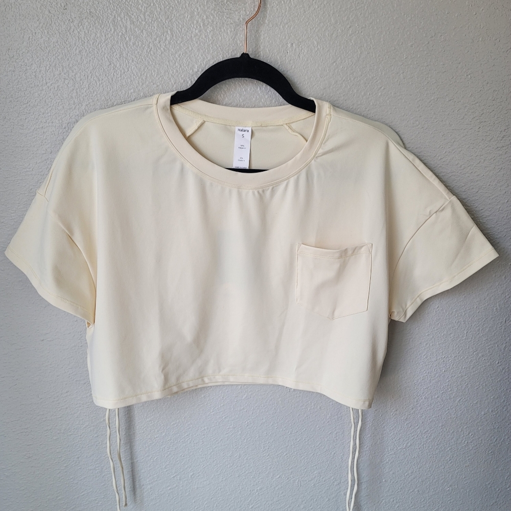 Halara Cropped Short Sleeve Drawstrings At Sides Top Size Small Light Yellow NWT